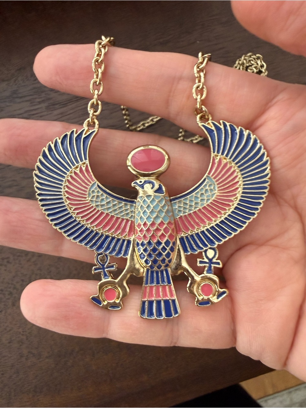 Egyptian Revival Horus Falcon red & blue enameled gold tone adjustable Necklace - Picture 2 of 7